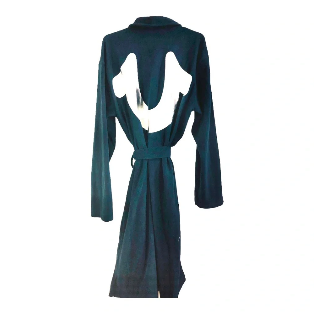 True Religion dark navy blue fleece silver logo lounge bath robe size small new